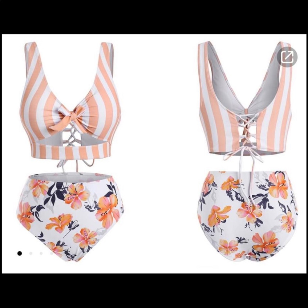 Two Piece High Waist Swimsuit Medium Stripe Floral